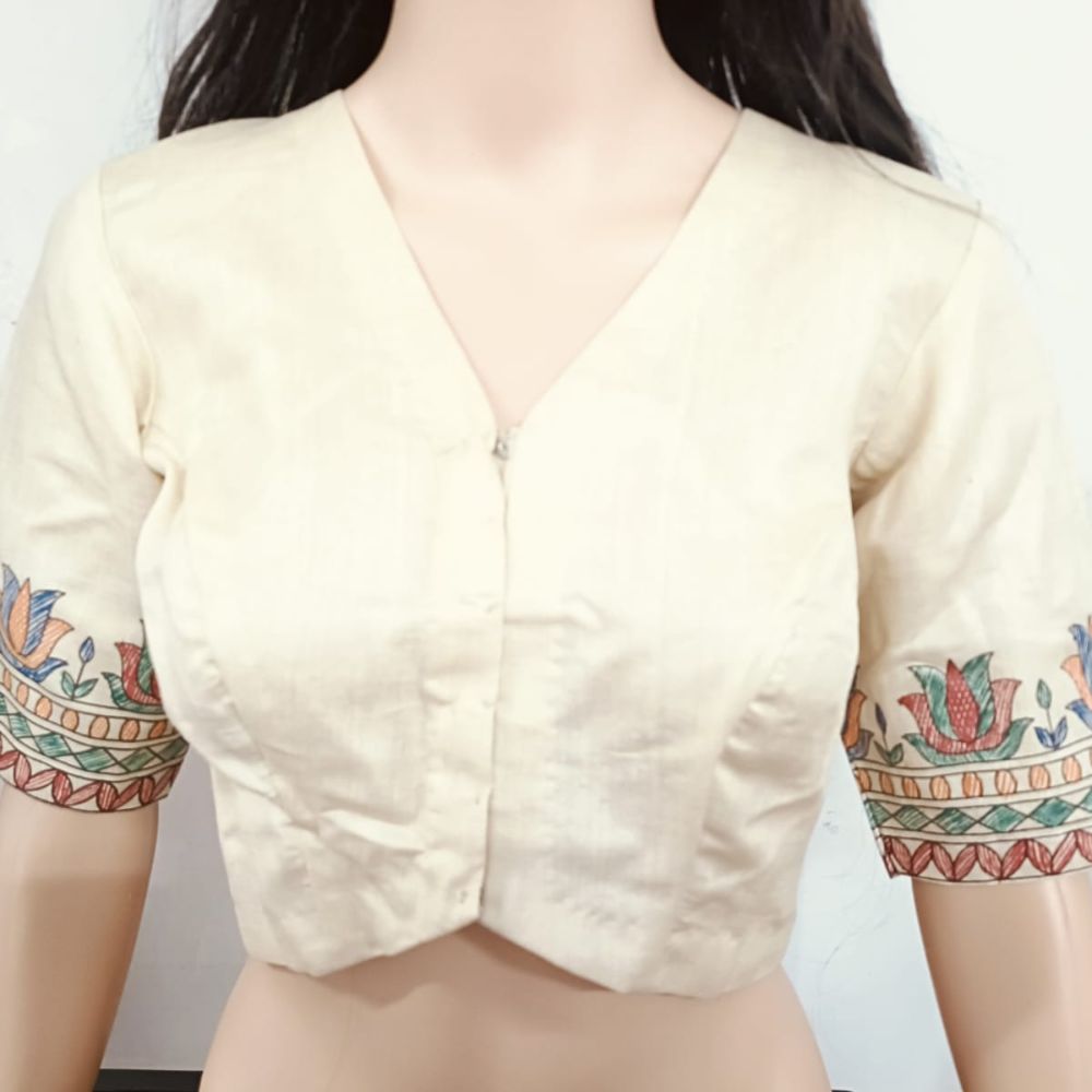 Off-White tussar silk Blouse with madhubani painting Sleeves